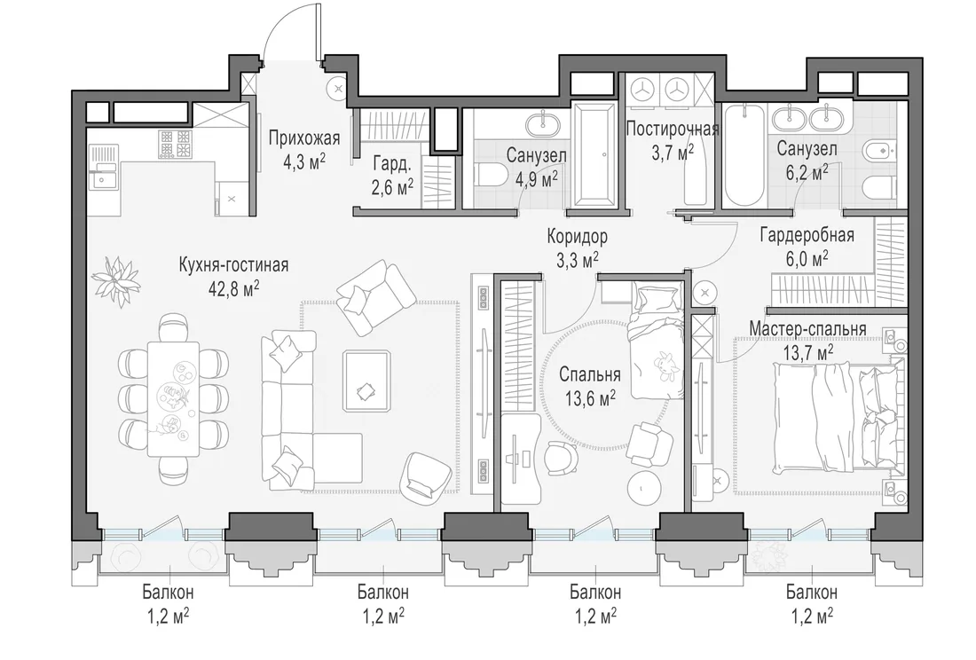 Планировка: Трёхкомнатная квартира 102 м² в «Тишинский бульвар»