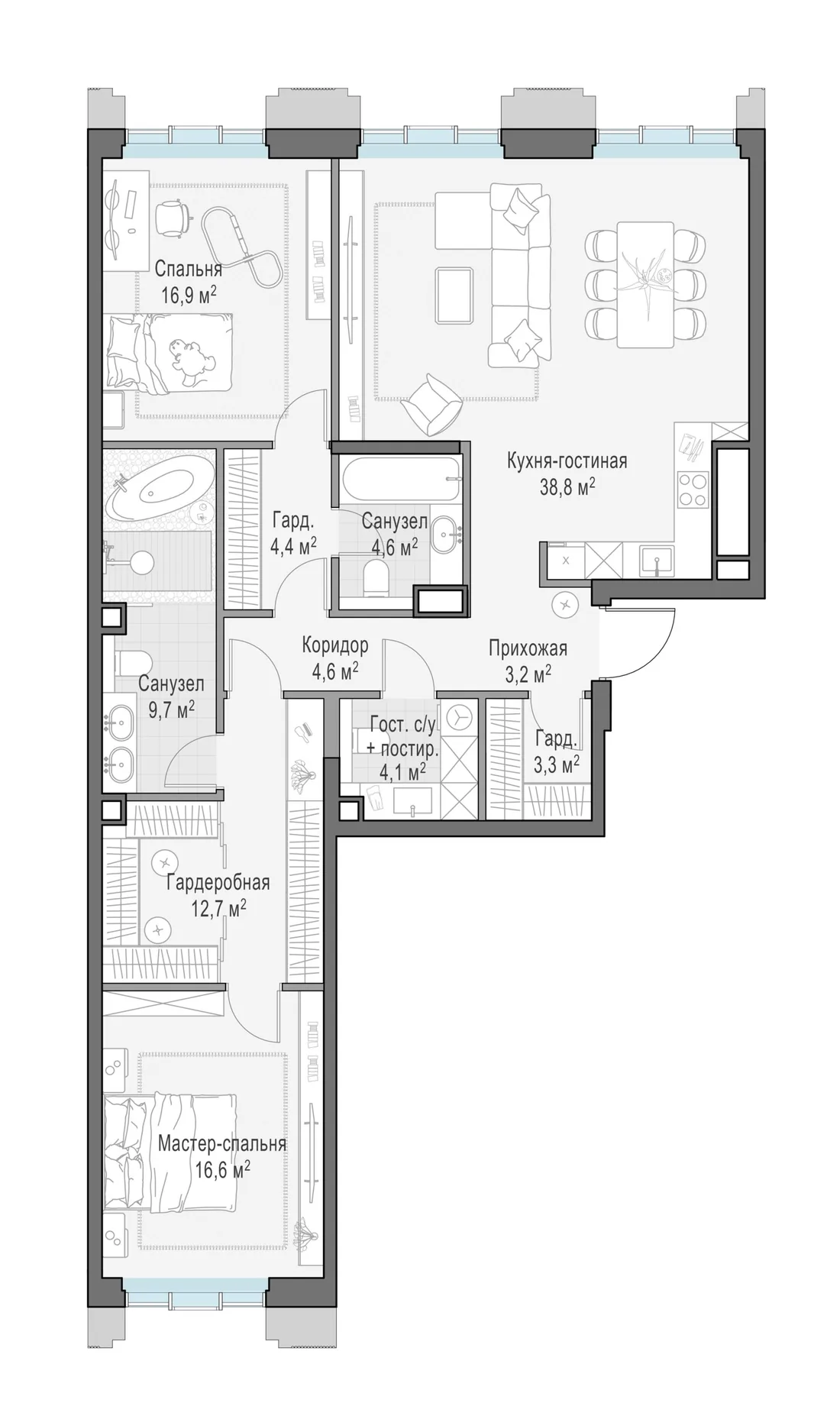 Планировка: Трёхкомнатная квартира 119 м² в «Тишинский бульвар»