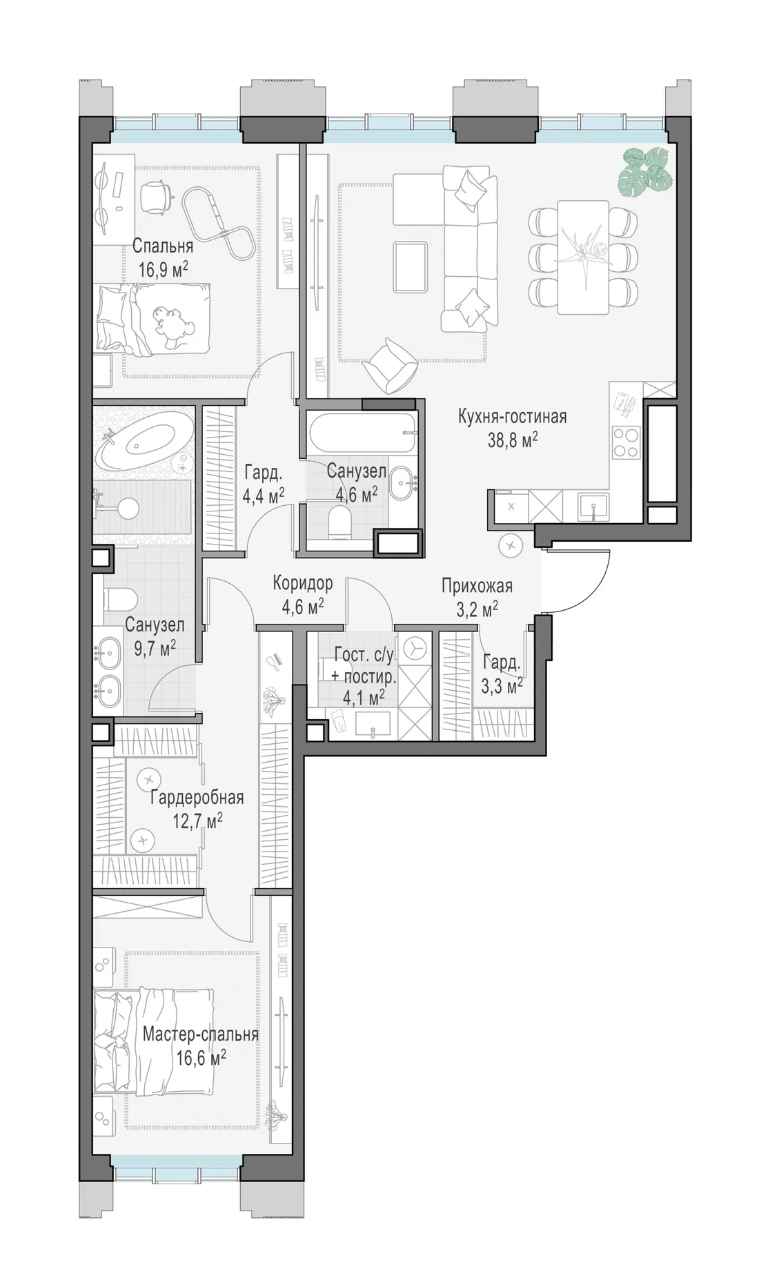 Планировка: Трёхкомнатная квартира 119 м² в «Тишинский бульвар»