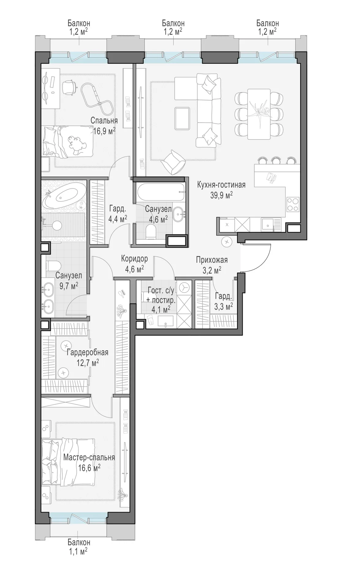 Планировка: Трёхкомнатная квартира 121 м² в «Тишинский бульвар»