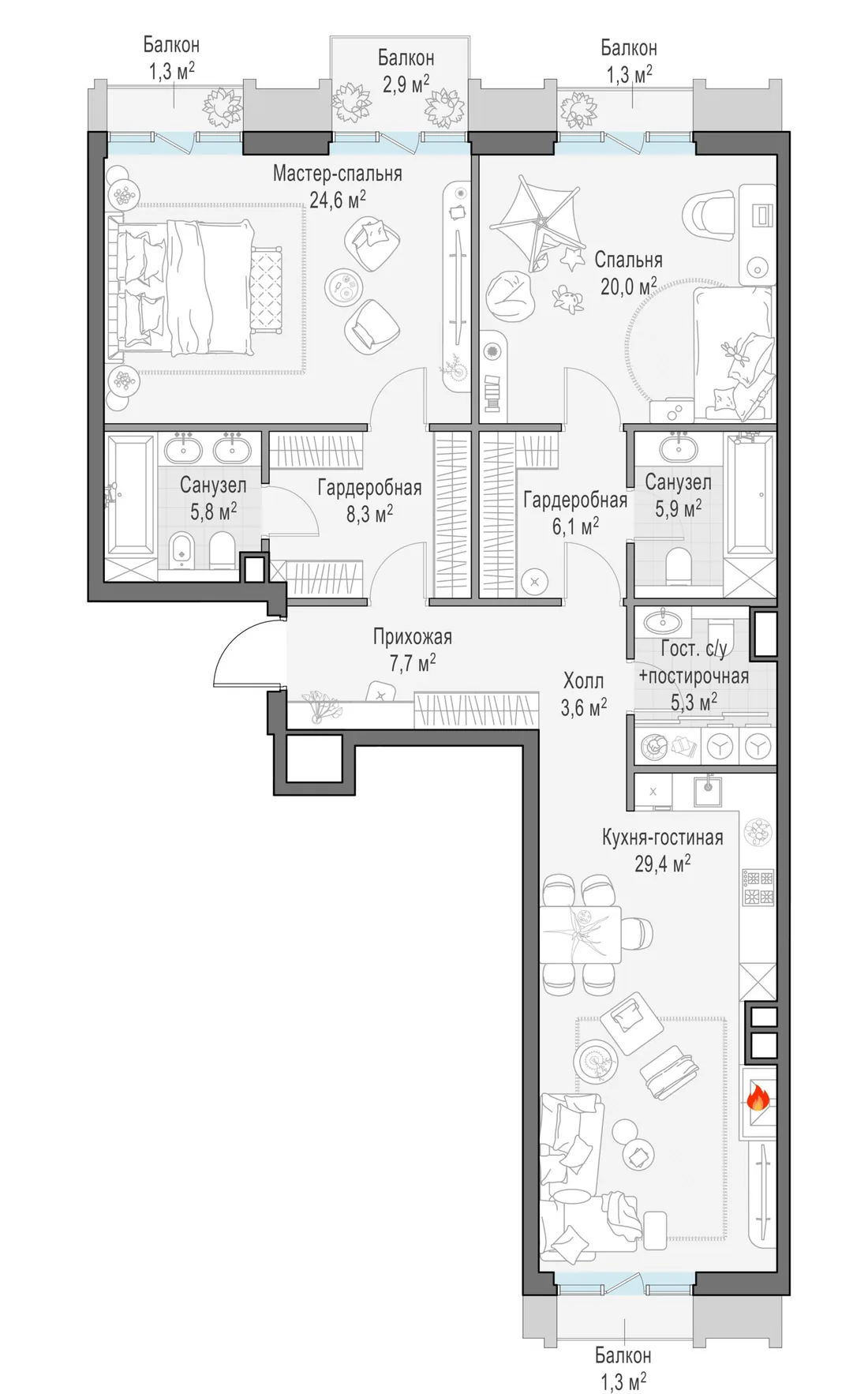 Планировка: Трёхкомнатная квартира 121 м² в «Тишинский бульвар»