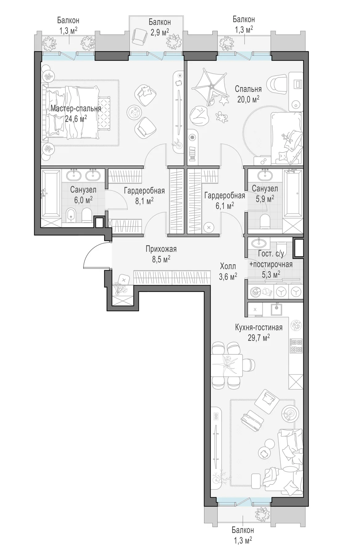 Планировка: Трёхкомнатная квартира 122 м² в «Тишинский бульвар»