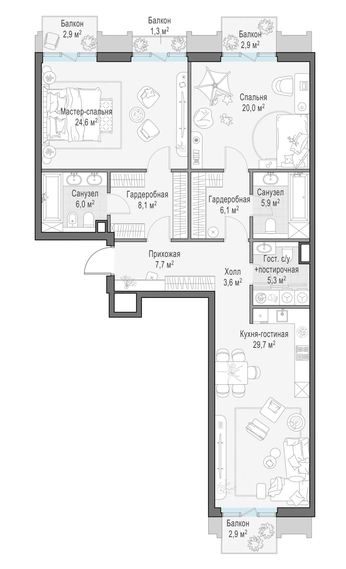 Планировка: Трёхкомнатная квартира 122 м² в «Тишинский бульвар»