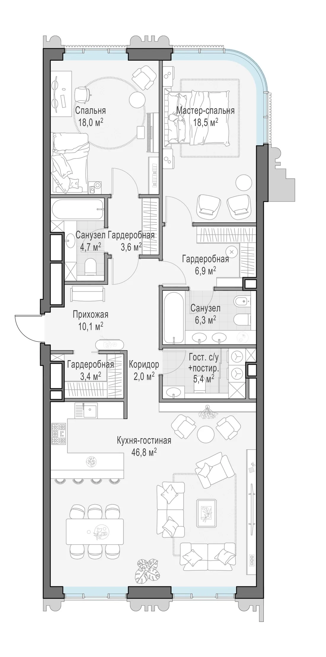 Планировка: Трёхкомнатная квартира 124 м² в «Тишинский бульвар»