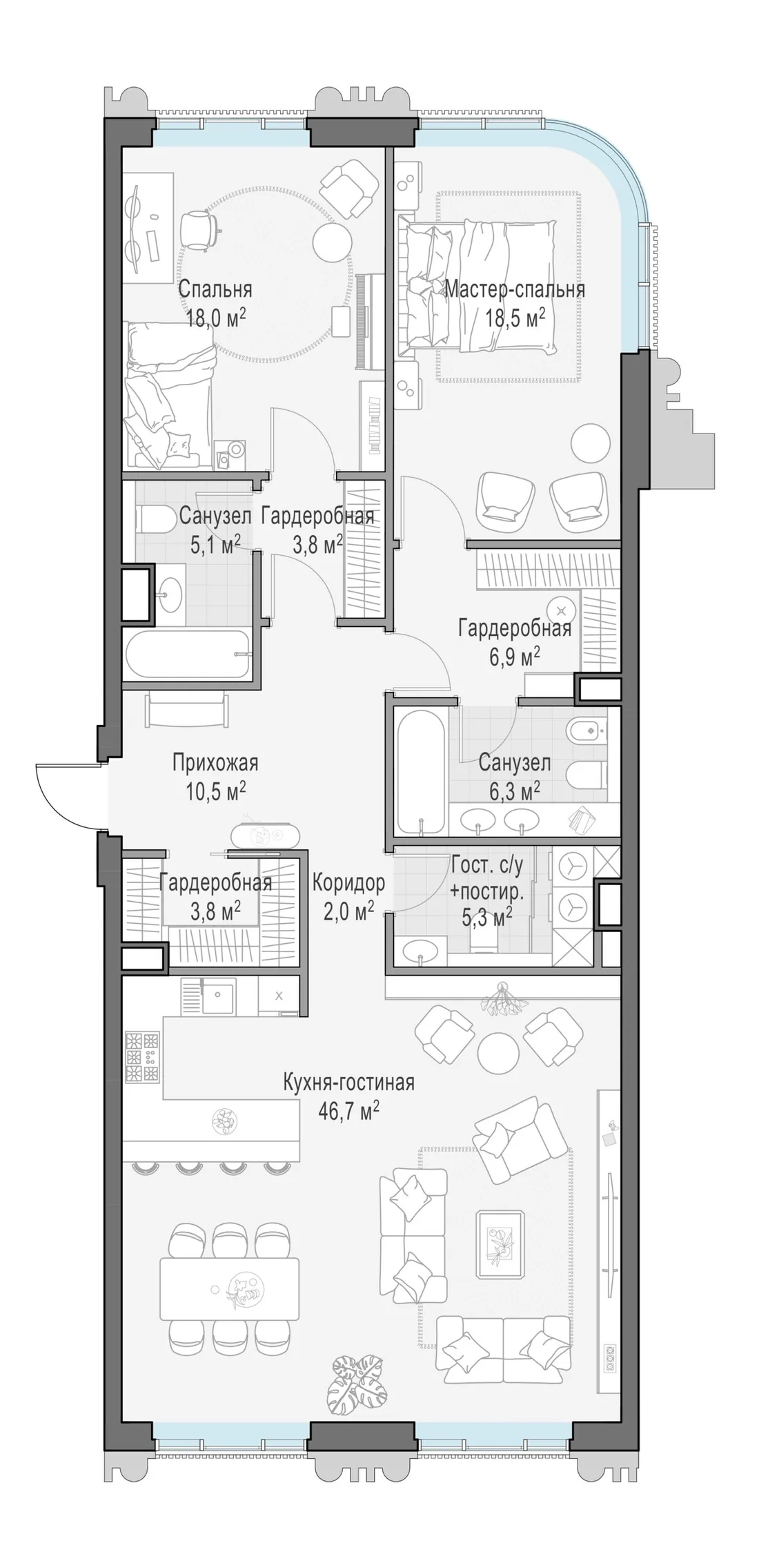 Планировка: Трёхкомнатная квартира 125 м² в «Тишинский бульвар»