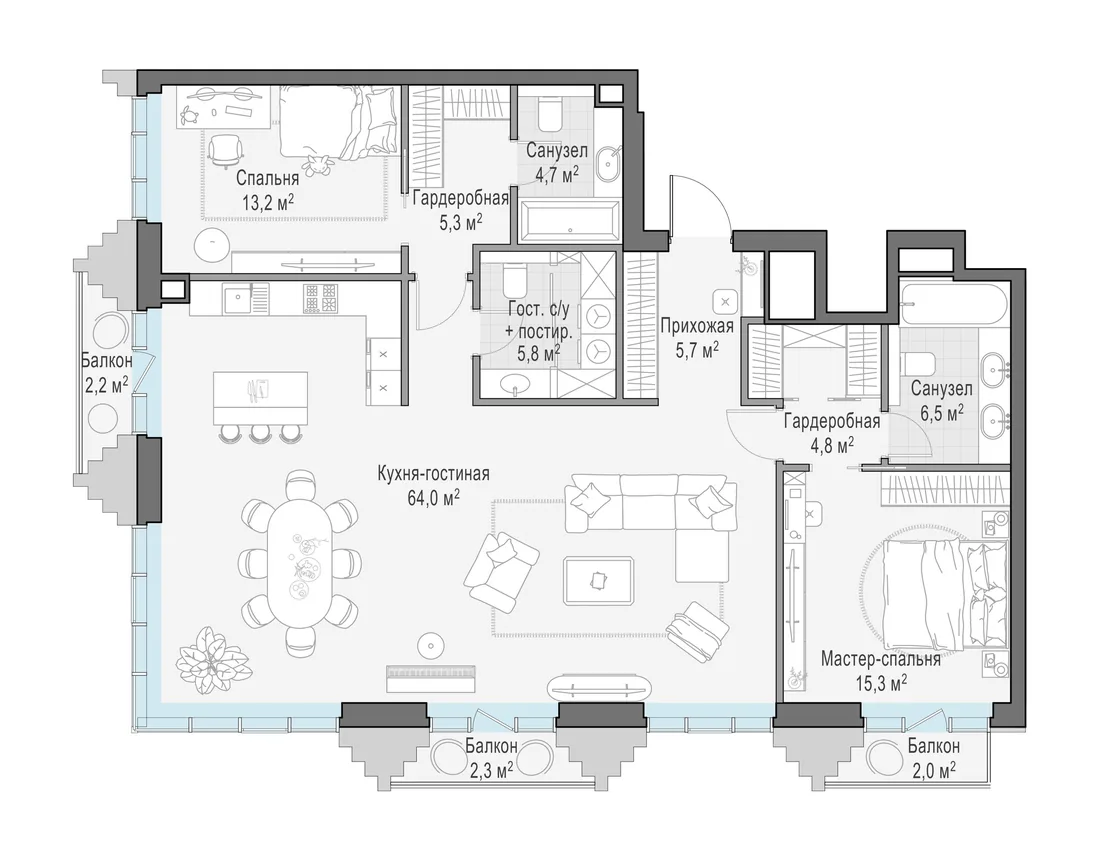 Планировка: Трёхкомнатная квартира 126 м² в «Тишинский бульвар»