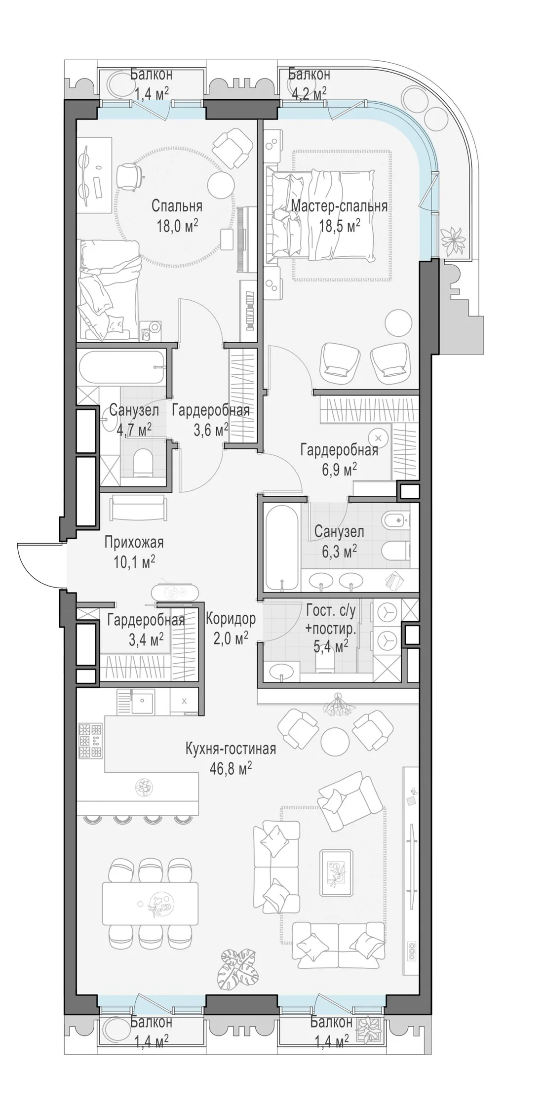 Планировка: Трёхкомнатная квартира 127 м² в «Тишинский бульвар»