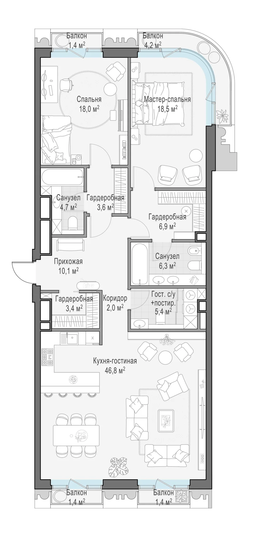 Планировка: Трёхкомнатная квартира 127 м² в «Тишинский бульвар»