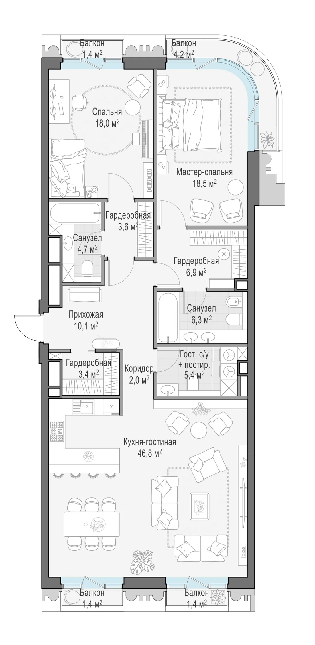 Планировка: Трёхкомнатная квартира 127 м² в «Тишинский бульвар»