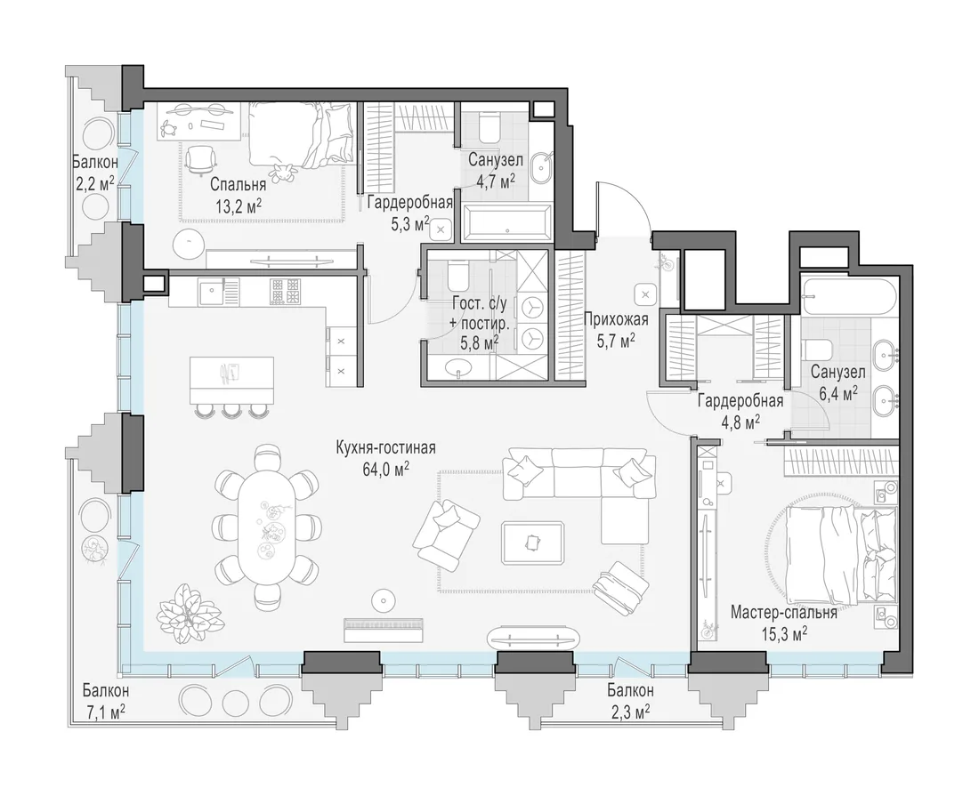 Планировка: Трёхкомнатная квартира 128 м² в «Тишинский бульвар»