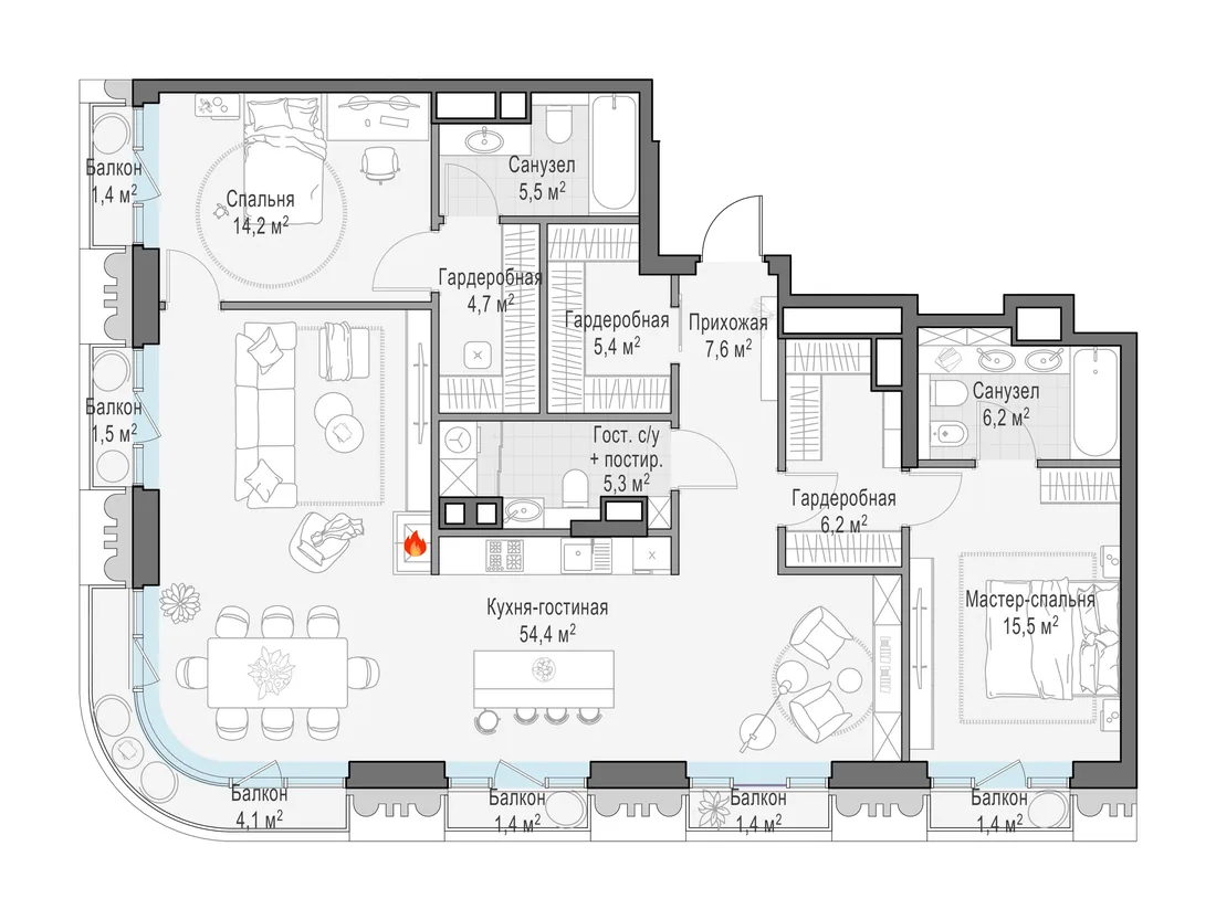 Планировка: Трёхкомнатная квартира 128 м² в «Тишинский бульвар»