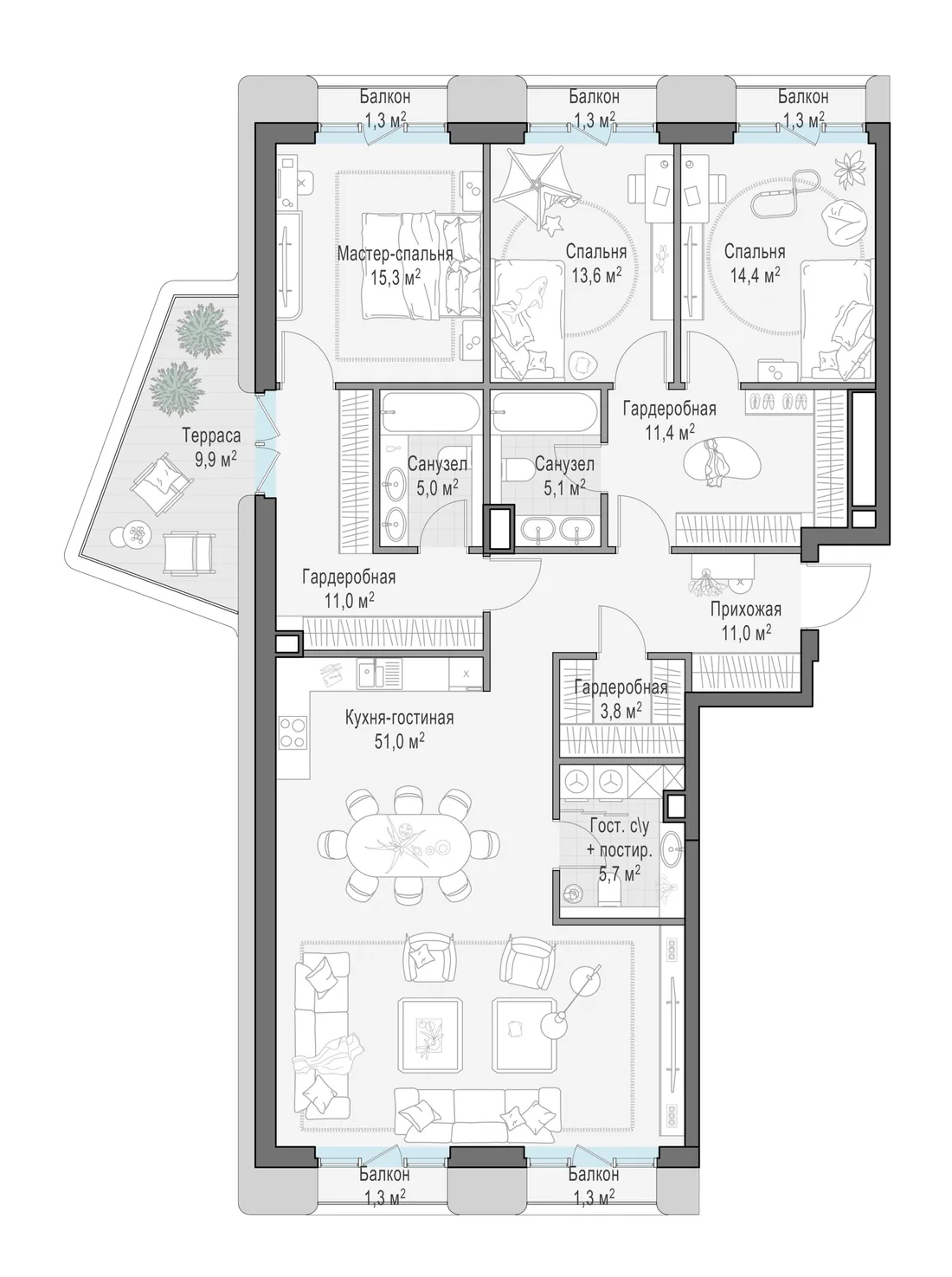 Планировка: Четырёхкомнатная квартира 151 м² в «Тишинский бульвар»