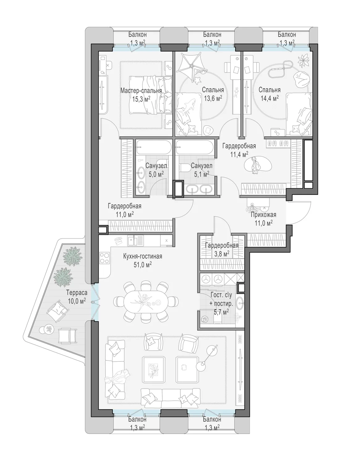 Планировка: Четырёхкомнатная квартира 151 м² в «Тишинский бульвар»