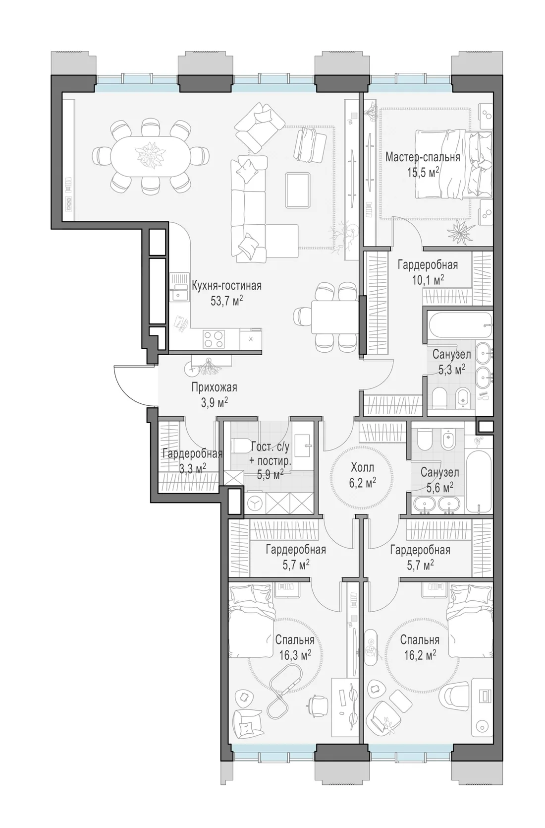 Планировка: Четырёхкомнатная квартира 153 м² в «Тишинский бульвар»