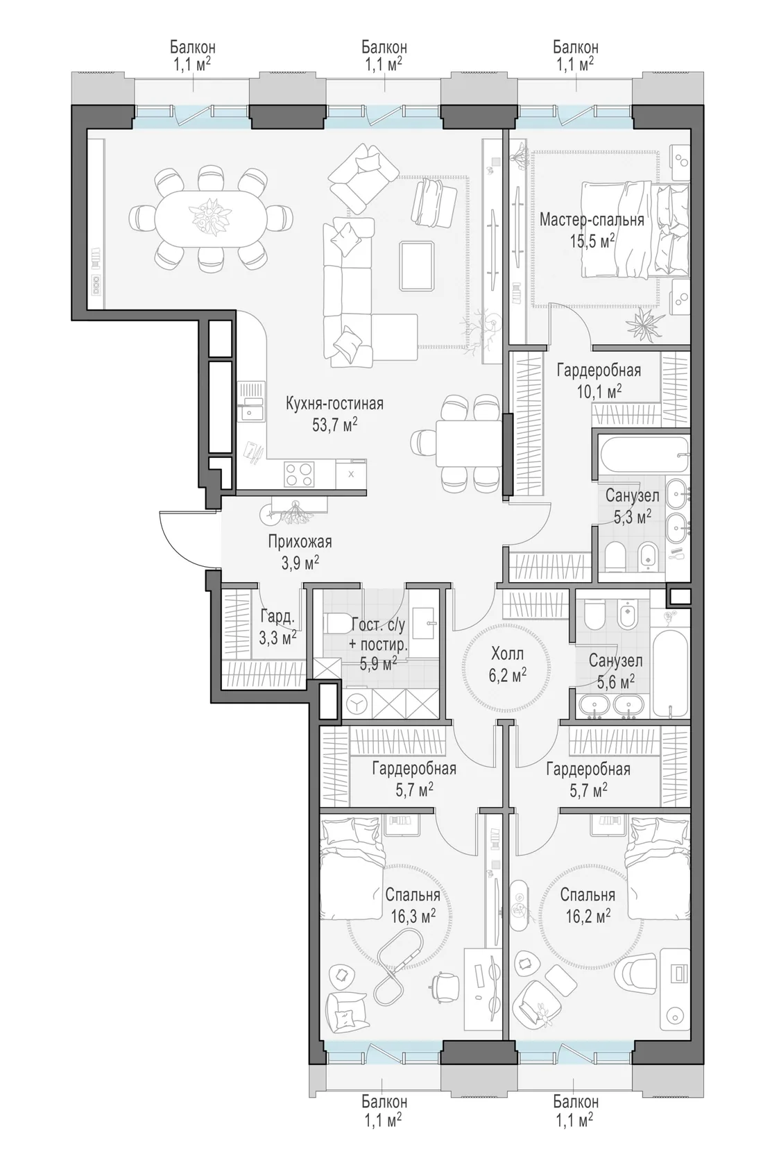 Планировка: Четырёхкомнатная квартира 154 м² в «Тишинский бульвар»