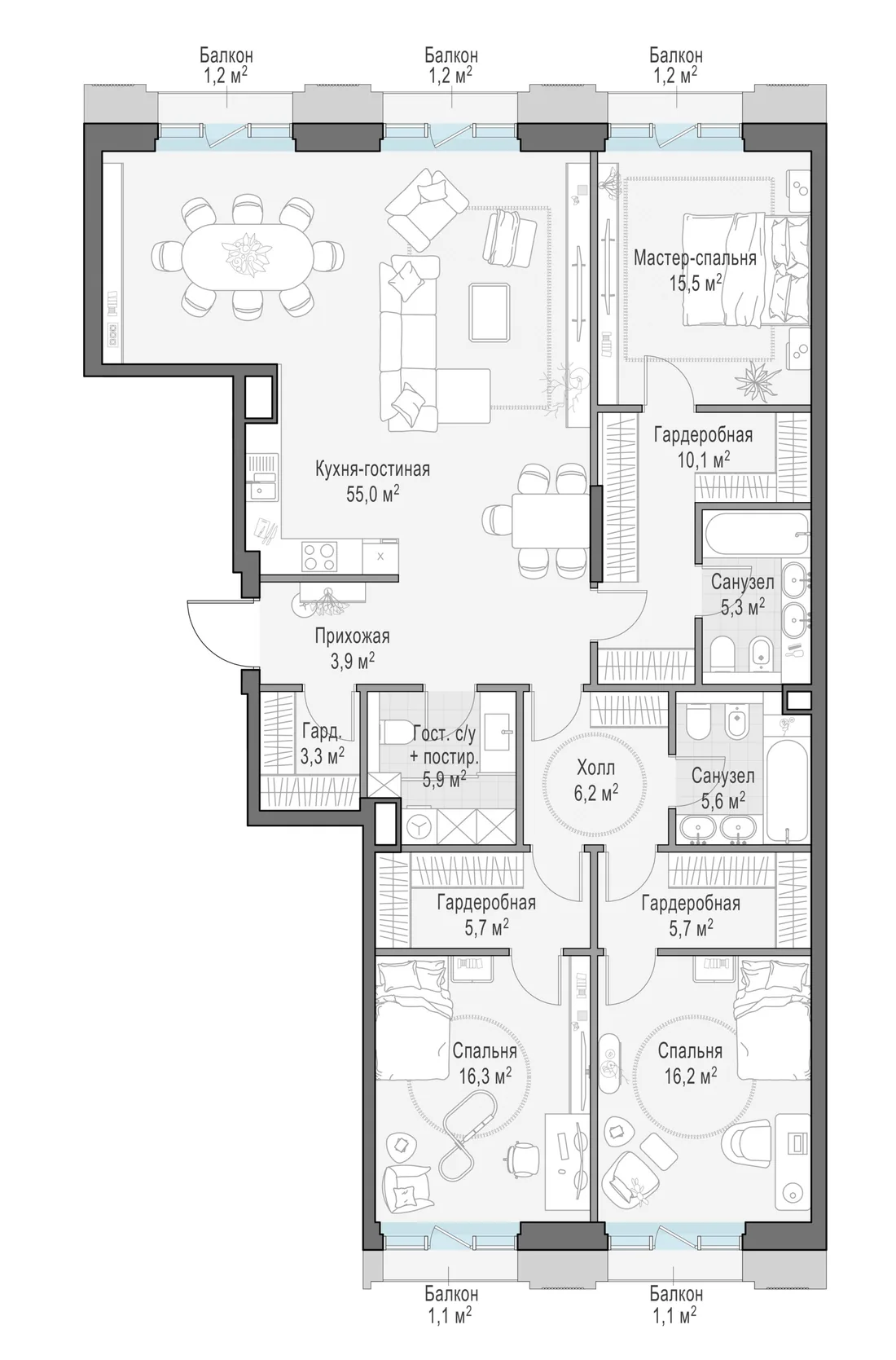 Планировка: Четырёхкомнатная квартира 156 м² в «Тишинский бульвар»
