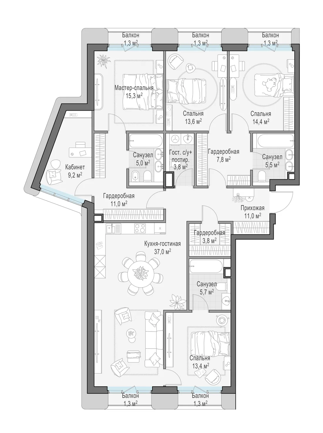 Планировка: Четырёхкомнатная квартира 159 м² в «Тишинский бульвар»