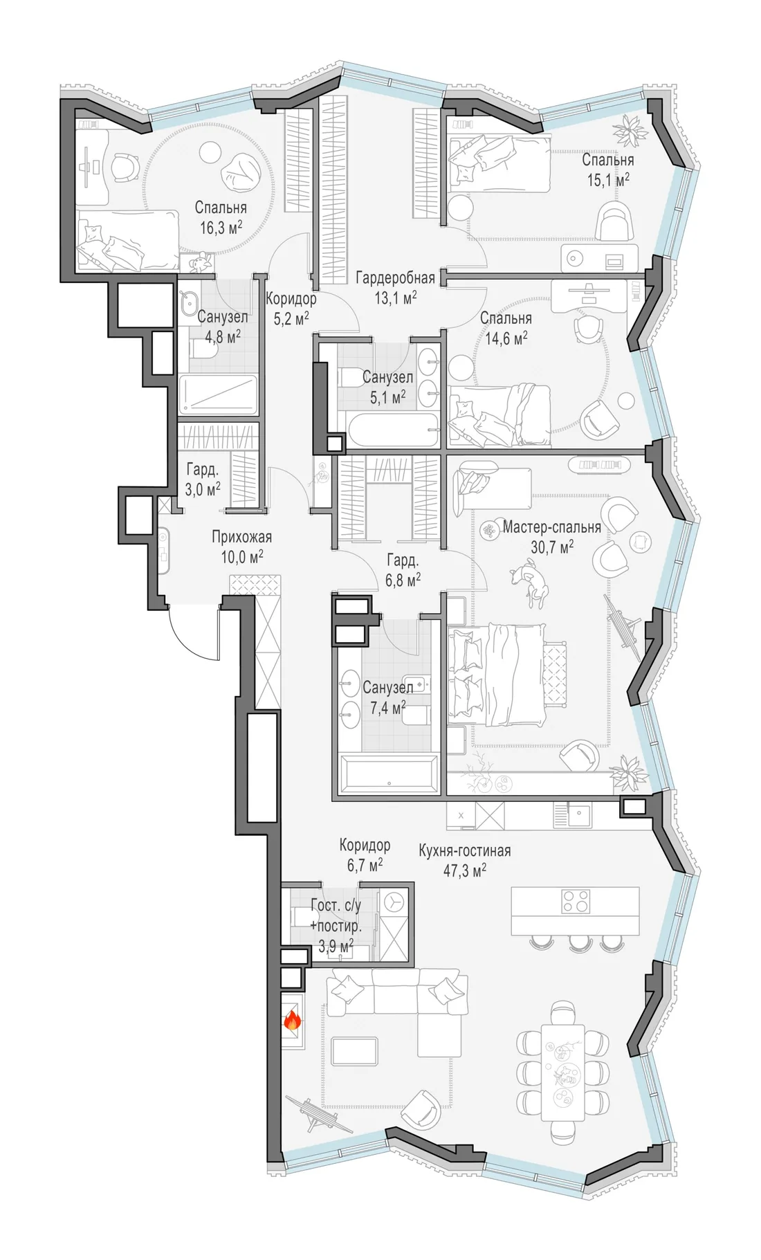 Планировка: Четырёхкомнатная квартира 190 м² в «Тишинский бульвар»