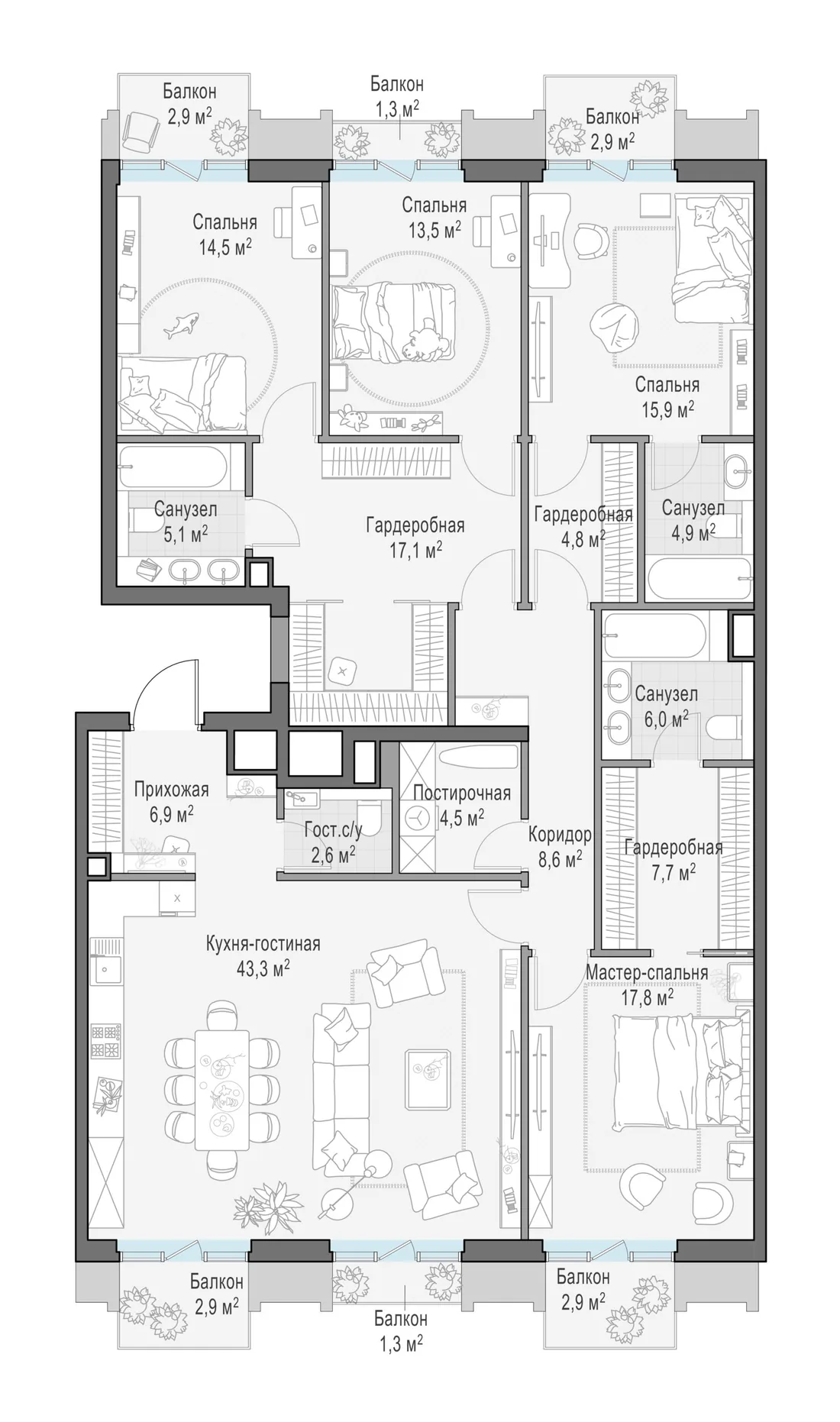 Планировка: Пятикомнатная квартира 180 м² в «Тишинский бульвар»