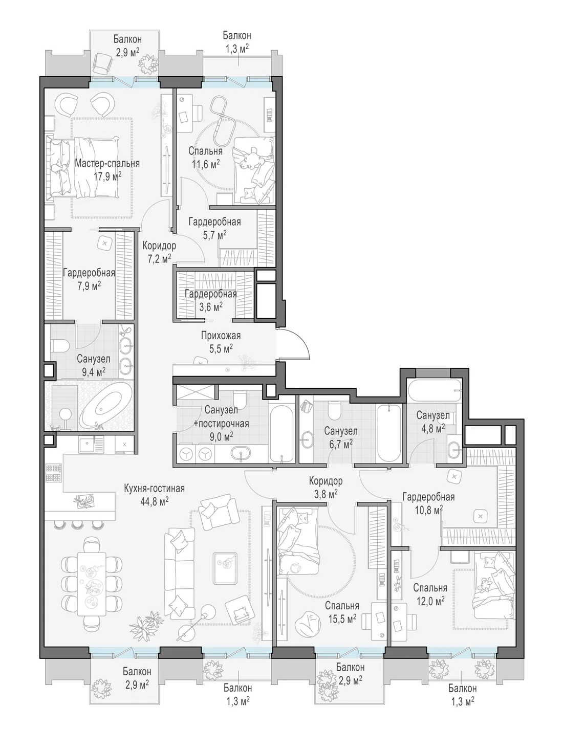 Планировка: Пятикомнатная квартира 181 м² в «Тишинский бульвар»