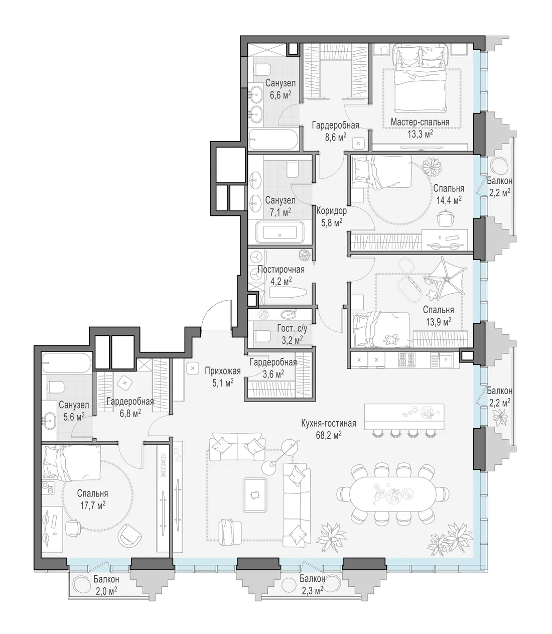 Планировка: Пятикомнатная квартира 186 м² в «Тишинский бульвар»