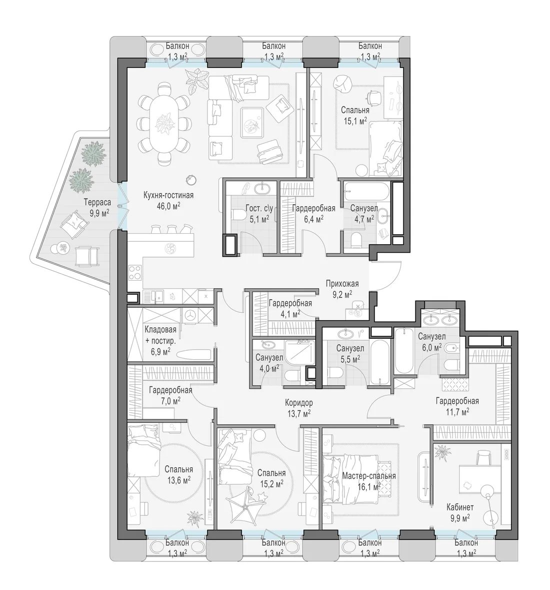 Планировка: Пятикомнатная квартира 205 м² в «Тишинский бульвар»