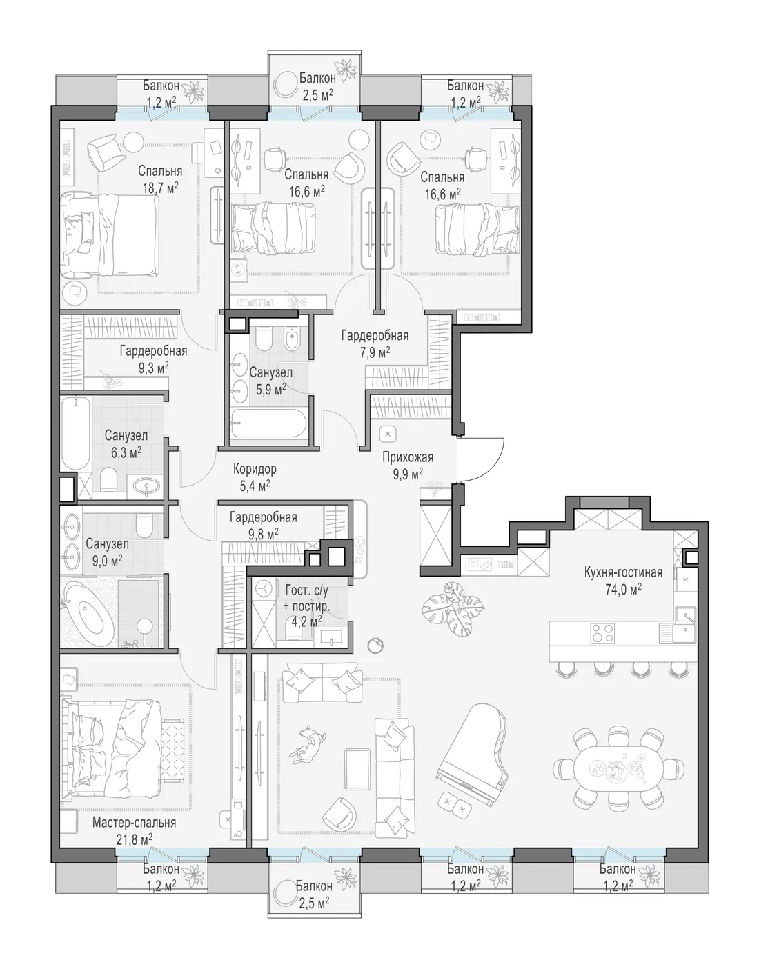 Планировка: Пятикомнатная квартира 215 м² в «Тишинский бульвар»
