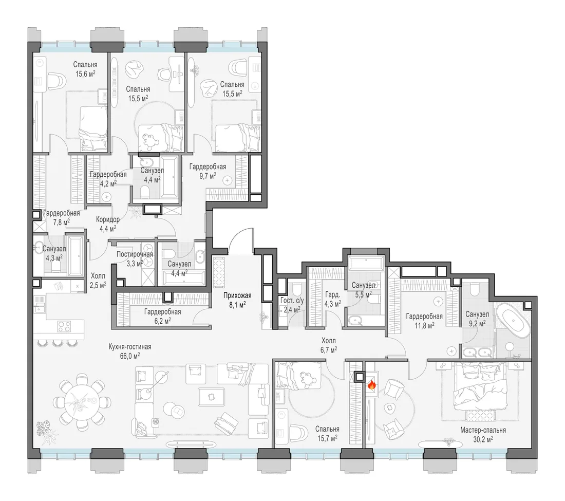 Планировка: Пятикомнатная квартира 256 м² в «Тишинский бульвар»