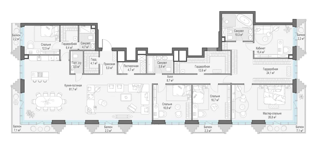Планировка: Пятикомнатная квартира 264 м² в «Тишинский бульвар»