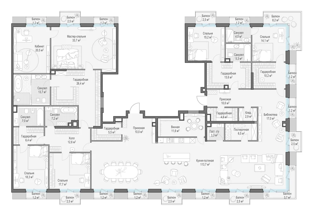 Планировка: Пятикомнатная квартира 416 м² в «Тишинский бульвар»